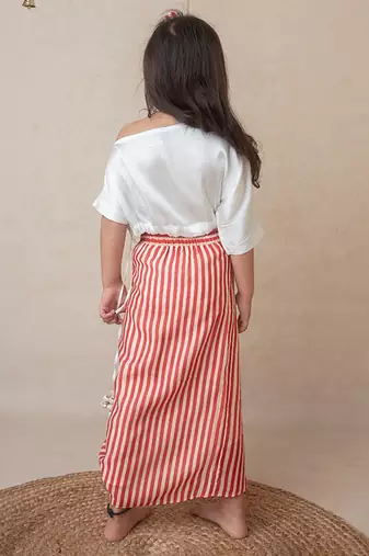 Pomegranate off shoulder top and draped skirt set for kids