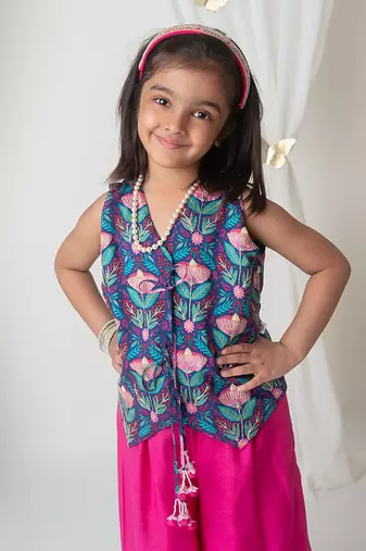 Floral printed waistcoat and sharara set for kids