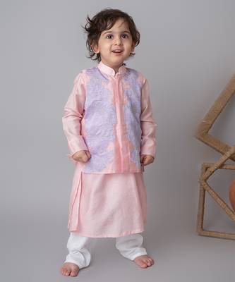 Pink floral applique bandhgala and kurta set for kids 1