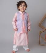 Pink floral applique bandhgala and kurta set for kids