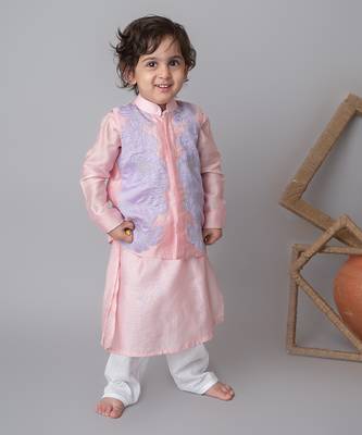 Pink floral applique bandhgala and kurta set for kids 2