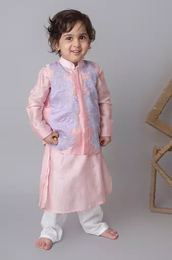 Pink floral applique bandhgala and kurta set for kids