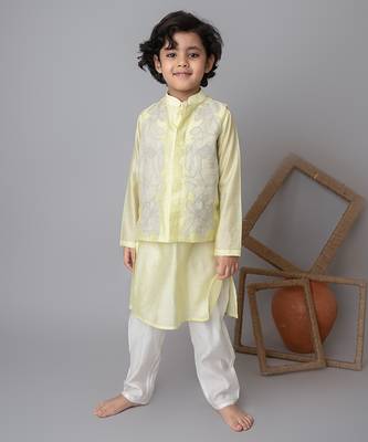 Lemon floral applique bandhgala and kurta set for kids 1