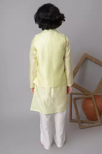 Lemon floral applique bandhgala and kurta set for kids