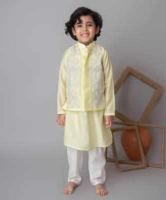 Lemon floral applique bandhgala and kurta set for kids 3