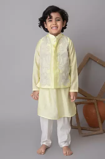 Lemon floral applique bandhgala and kurta set for kids
