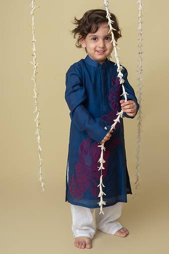Midnight gold applique kurta set for kids