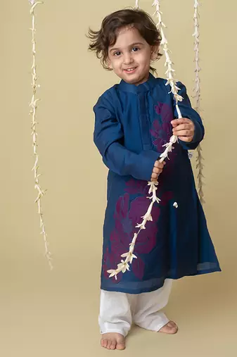 Midnight gold applique kurta set for kids