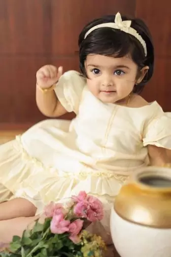 White  handloom infant a line dress comes with headband and shoes for kids