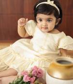 White  handloom infant a line dress comes with headband and shoes for kids