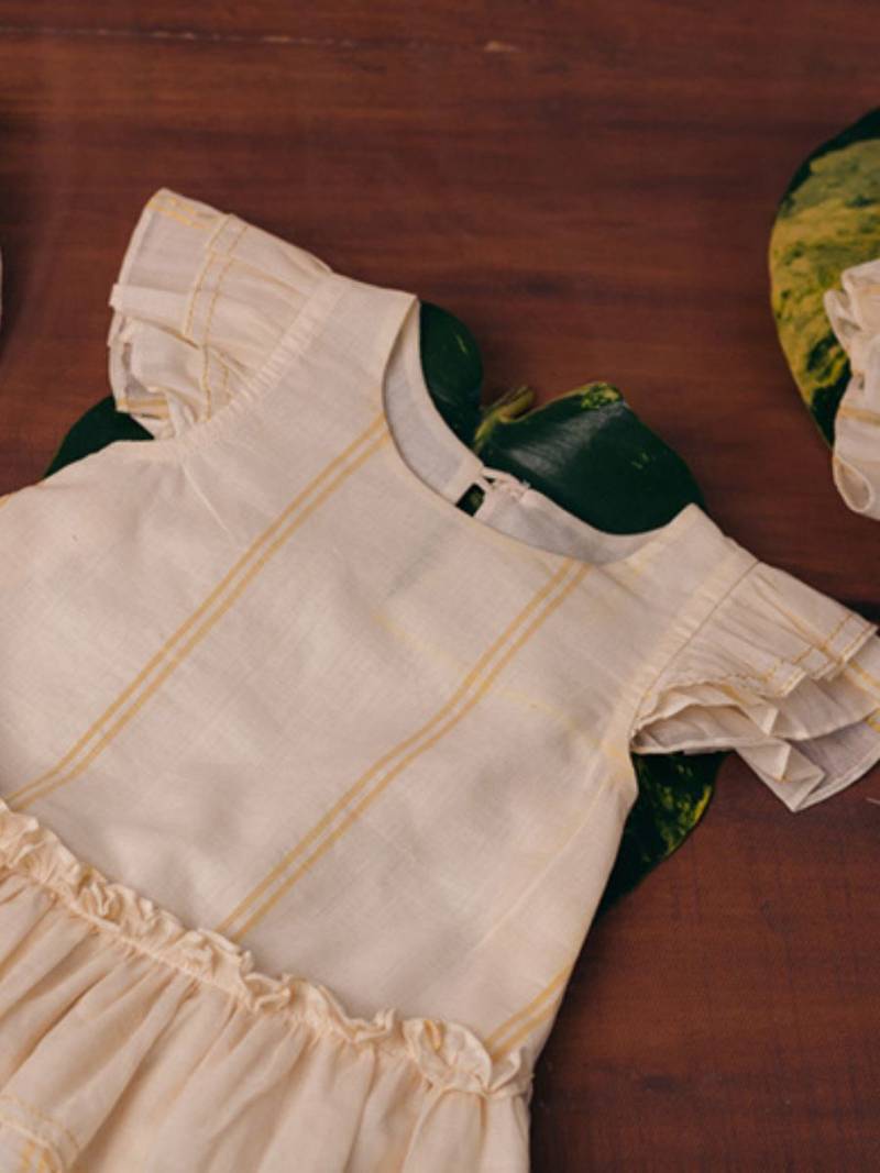 White  handloom infant a line dress comes with headband and shoes for kids