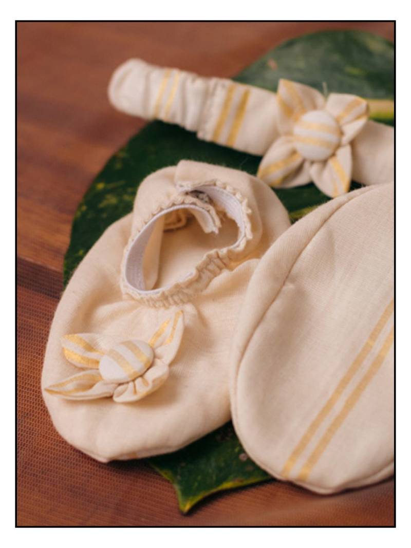 White  handloom infant a line dress comes with headband and shoes for kids