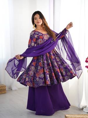 Purple floral printed anarkali kurti with palazzo & dupatta for festive wear 1