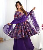 Purple floral printed anarkali kurti with palazzo & dupatta for festive wear