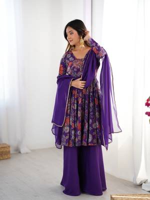 Purple floral printed anarkali kurti with palazzo & dupatta for festive wear 2