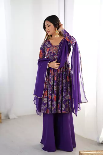 Purple floral printed anarkali kurti with palazzo & dupatta for festive wear