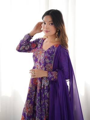 Purple floral printed anarkali kurti with palazzo & dupatta for festive wear 4