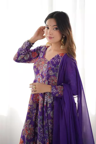 Purple floral printed anarkali kurti with palazzo & dupatta for festive wear