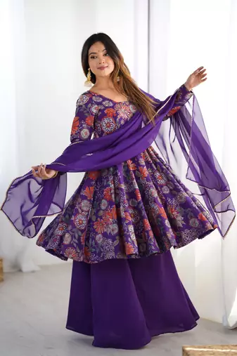 Purple floral printed anarkali kurti with palazzo & dupatta for festive wear
