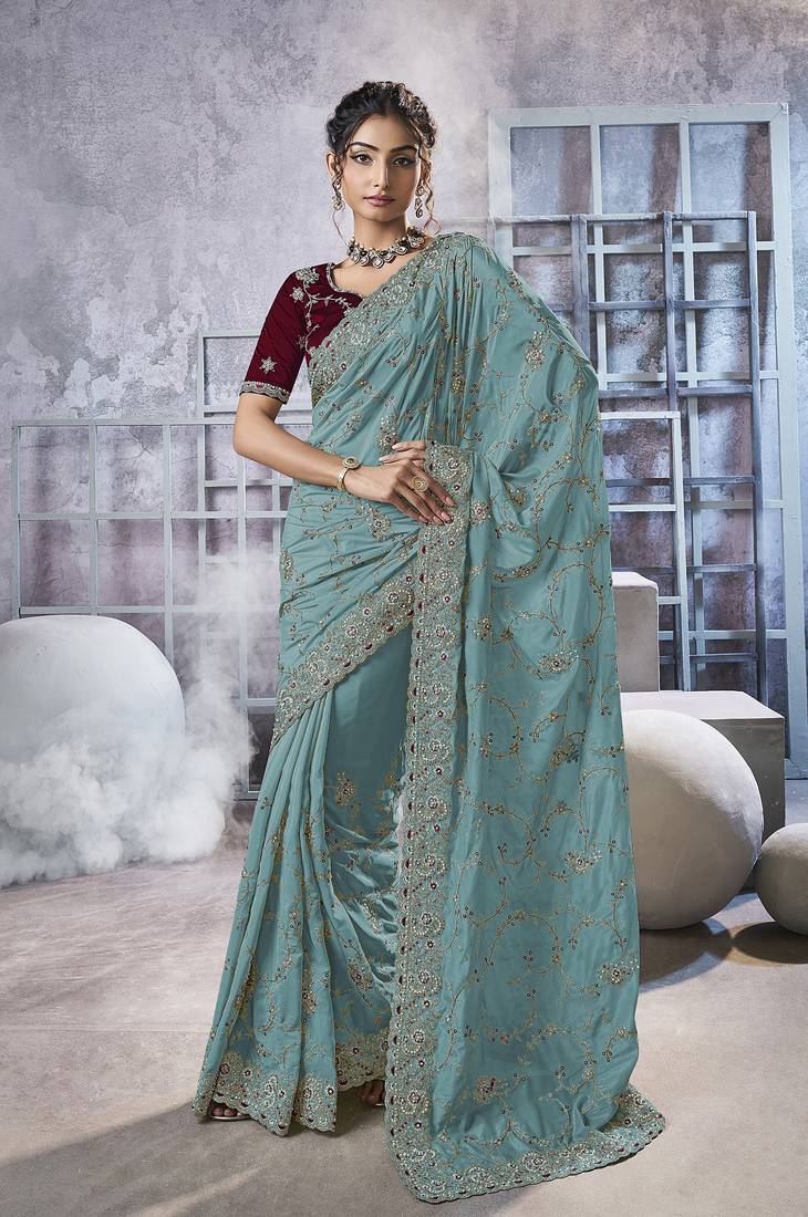 Rama Color Light rama color floral embroidered shiny georgette saree with blouse ...
