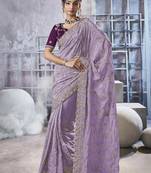 Purple floral embroidered shiny georgette saree with blouse fabric 