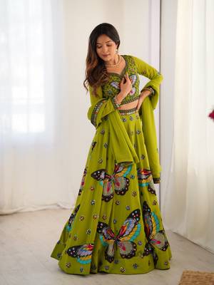 Parrot Green Lehenga Set with Stunning Handcrafted Butterfly Embroidery and Designer Flared Sleeves 1