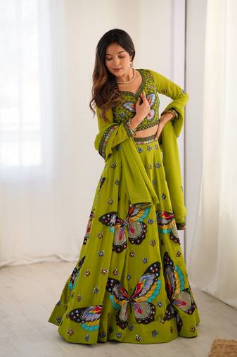 Parrot Green Lehenga Set with Stunning Handcrafted Butterfly Embroidery and Designer Flared Sleeves