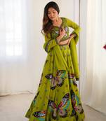 Parrot Green Lehenga Set with Stunning Handcrafted Butterfly Embroidery and Designer Flared Sleeves