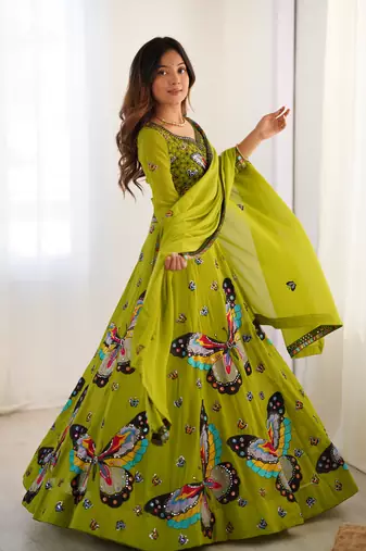 Parrot Green Lehenga Set with Stunning Handcrafted Butterfly Embroidery and Designer Flared Sleeves