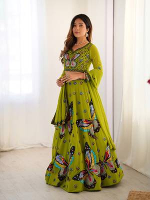 Parrot Green Lehenga Set with Stunning Handcrafted Butterfly Embroidery and Designer Flared Sleeves 3