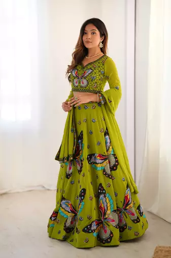 Parrot Green Lehenga Set with Stunning Handcrafted Butterfly Embroidery and Designer Flared Sleeves