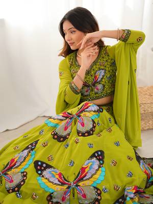 Parrot Green Lehenga Set with Stunning Handcrafted Butterfly Embroidery and Designer Flared Sleeves 4