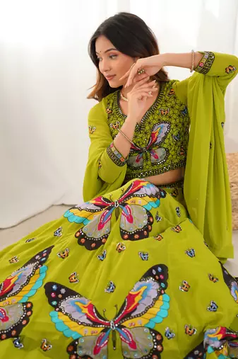 Parrot Green Lehenga Set with Stunning Handcrafted Butterfly Embroidery and Designer Flared Sleeves