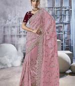 Pink floral embroidered shiny georgette saree with blouse fabric 