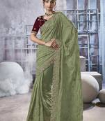 Mehendi floral embroidered shiny georgette saree with blouse fabric 