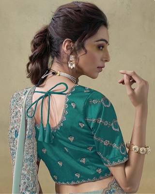 Sea green ice georgette party wear embroidered saree with blouse fabric  3