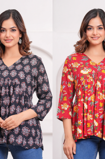 Pack of 2 handmade jaipuri printed rayon fabric designer tops & tunics