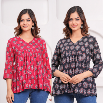 Pack of 2 handmade jaipuri printed rayon fabric designer tops & tunics 1