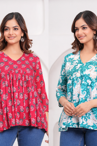 Pack of 2 handmade jaipuri printed rayon fabric designer tops & tunics