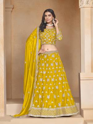 yellow Embroidered Resham Zari Sequins Organza Lehenga 1