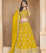 yellow Embroidered Resham Zari Sequins Organza Lehenga