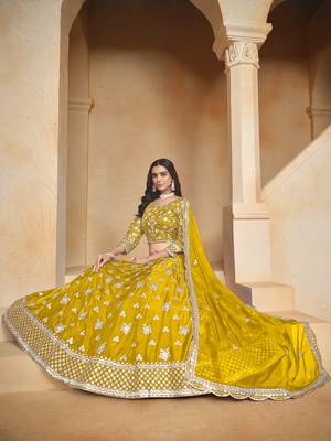 yellow Embroidered Resham Zari Sequins Organza Lehenga 2
