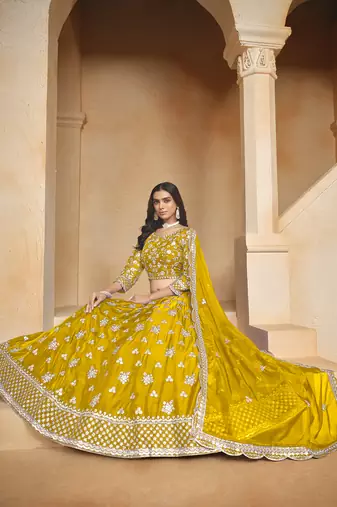 yellow Embroidered Resham Zari Sequins Organza Lehenga