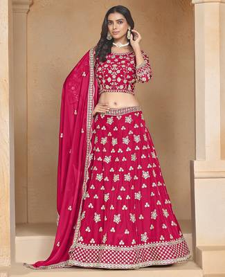 Rani-pink Embroidered Resham Zari Sequins Organza Lehenga 1