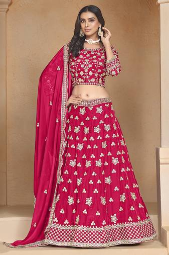 Rani-pink Embroidered Resham Zari Sequins Organza Lehenga