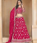 Rani-pink Embroidered Resham Zari Sequins Organza Lehenga