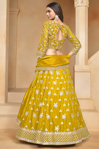 yellow Embroidered Resham Zari Sequins Organza Lehenga