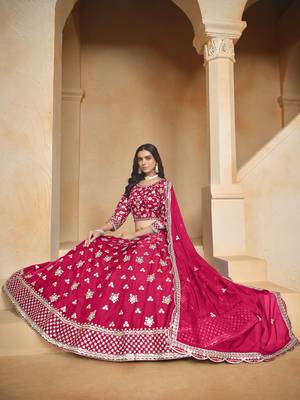 Rani-pink Embroidered Resham Zari Sequins Organza Lehenga 2