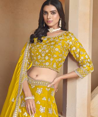 yellow Embroidered Resham Zari Sequins Organza Lehenga 4