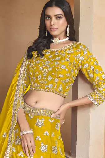 yellow Embroidered Resham Zari Sequins Organza Lehenga